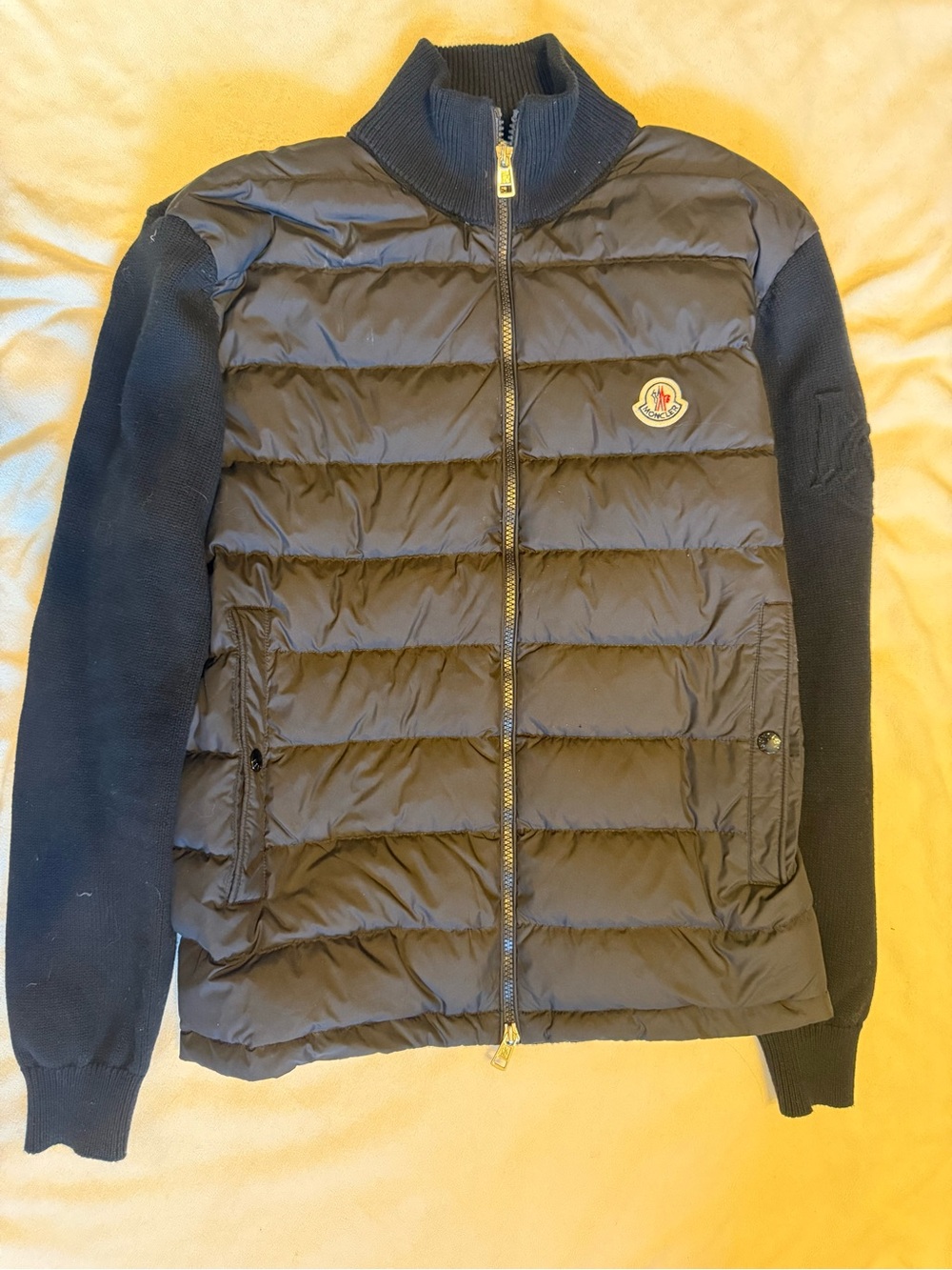 Moncler Men's Black Quilted Puffer Jacket with Knit Sleeves